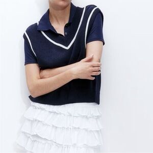 H&M Short V-neck sweater vest sleeveless sweater navy blue white contrast large